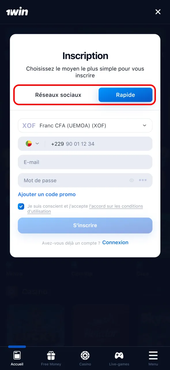 Choisissez une méthode d’inscription simple via l’appli mobile 1Win.
