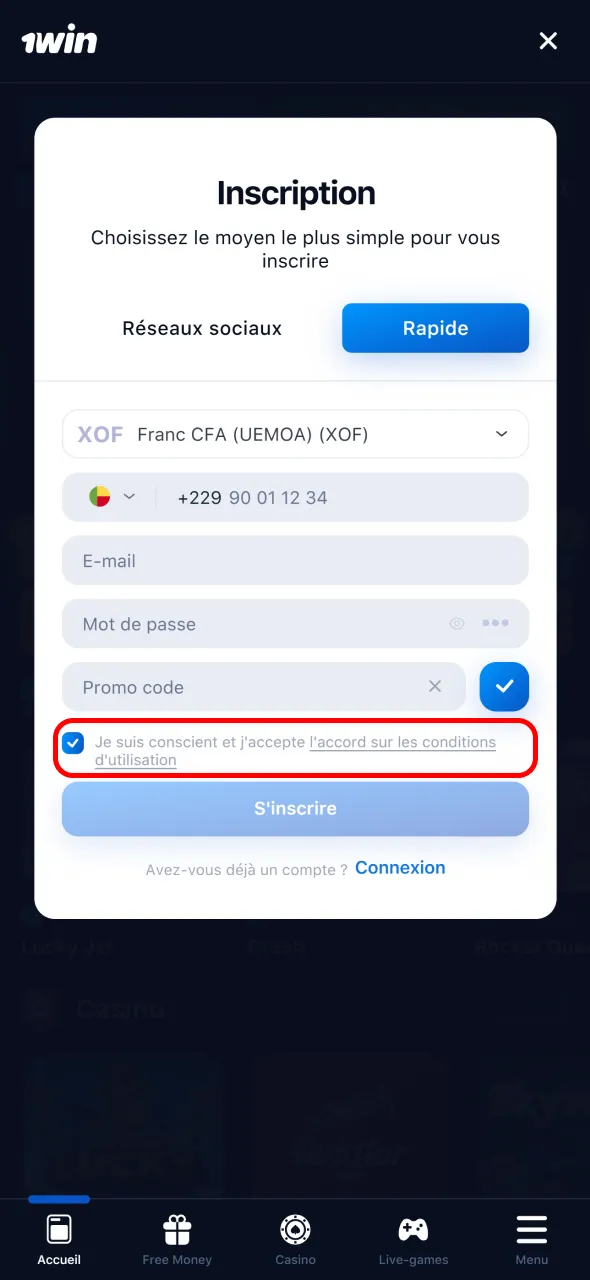 Lisez les conditions générales dans l’app mobile 1Win pour les joueurs du Bénin.