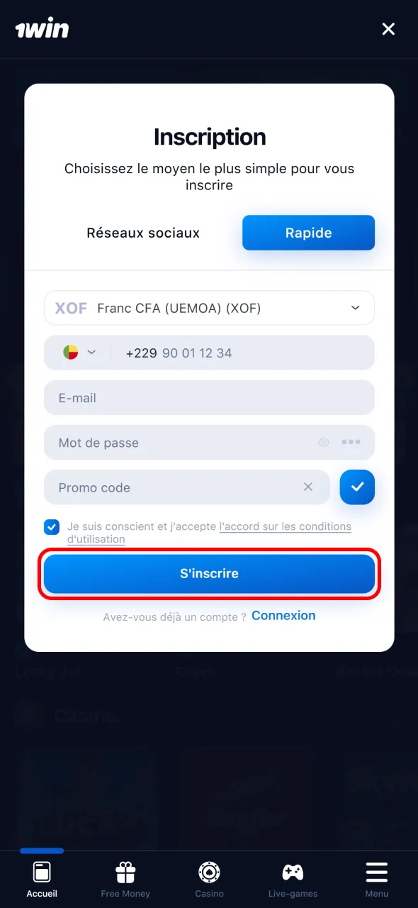 Finalisez votre inscription rapidement dans l’application 1Win.