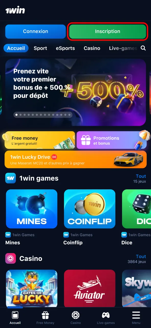 Ouvrez l’application 1Win et sélectionnez S’inscrire pour créer un compte.