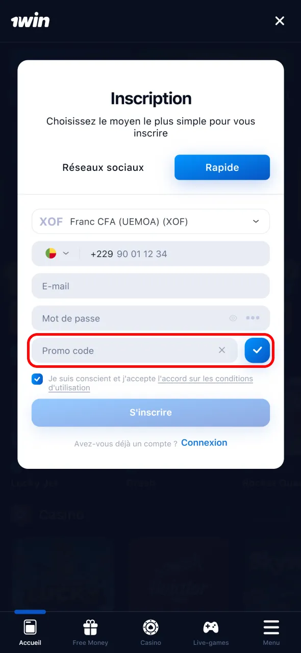 Utilisez votre code promotionnel dans l’application 1Win pour plus d’avantages.