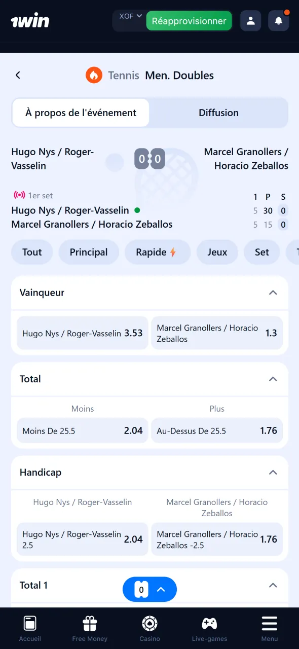 Sélectionnez un événement sportif dans l’appli 1Win pour parier depuis le Bénin.