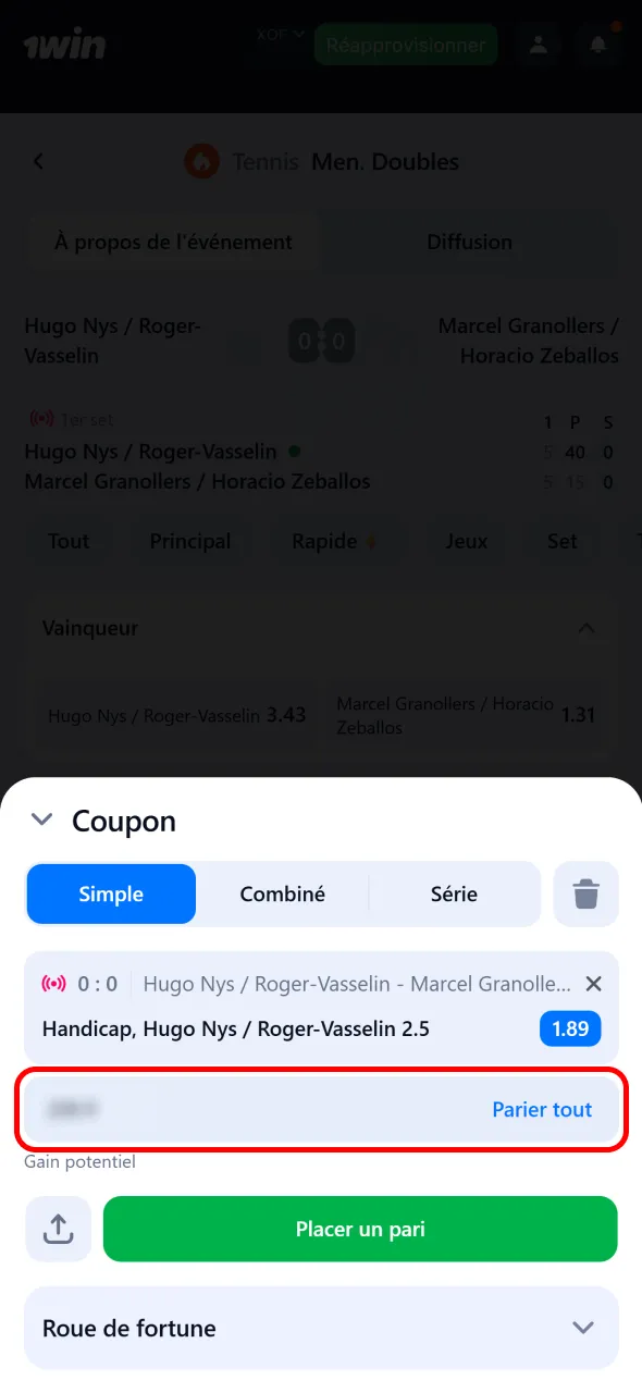 Spécifiez le montant de votre pari dans l’application 1Win pour les parieurs locaux.