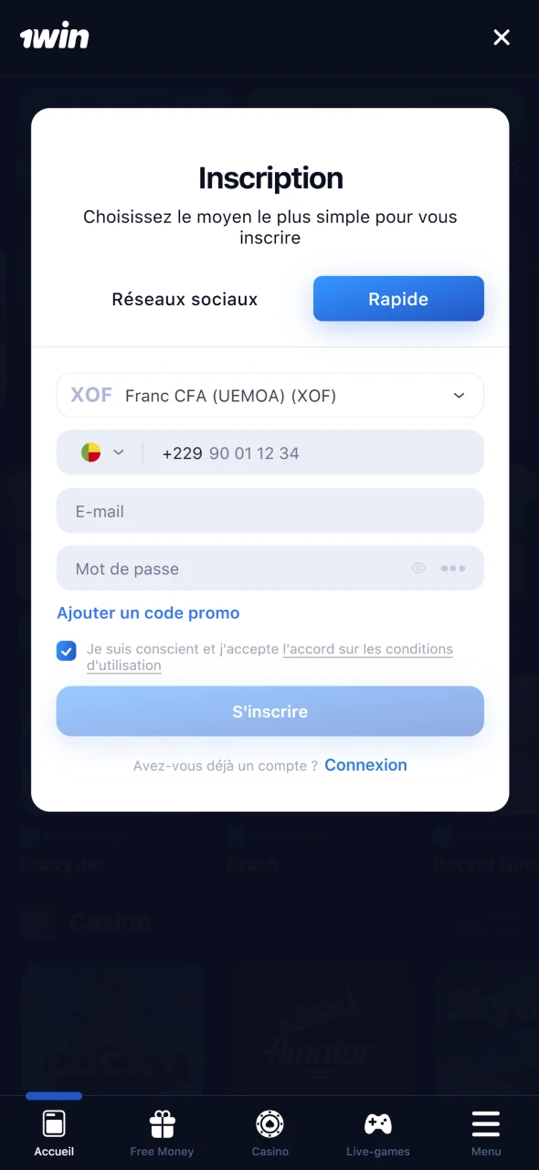 Inscrivez-vous ou connectez-vous à votre compte 1win pour commencer au Bénin.