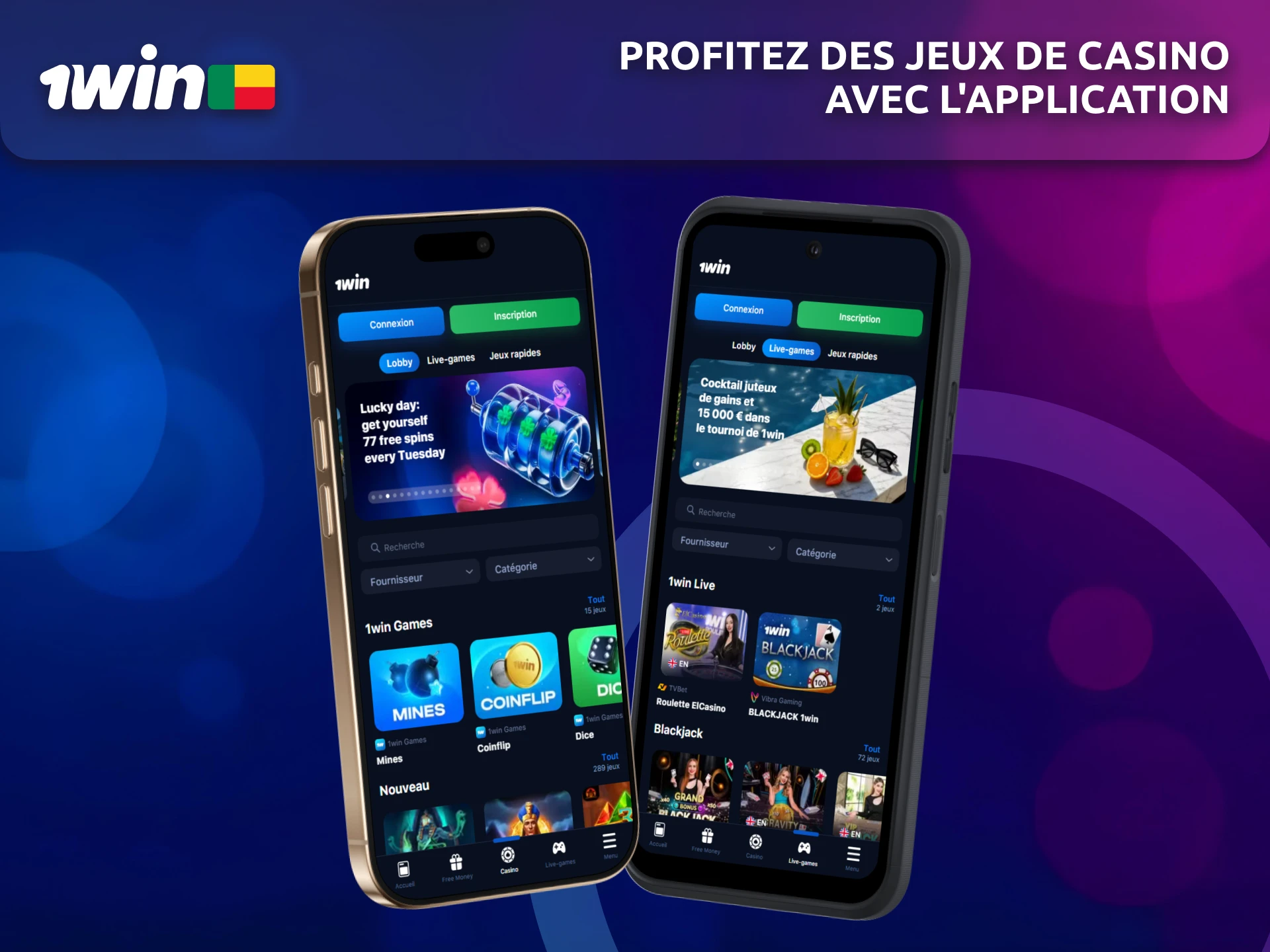 Jouez à tous vos jeux de casino préférés via l'application mobile 1win au Bénin.