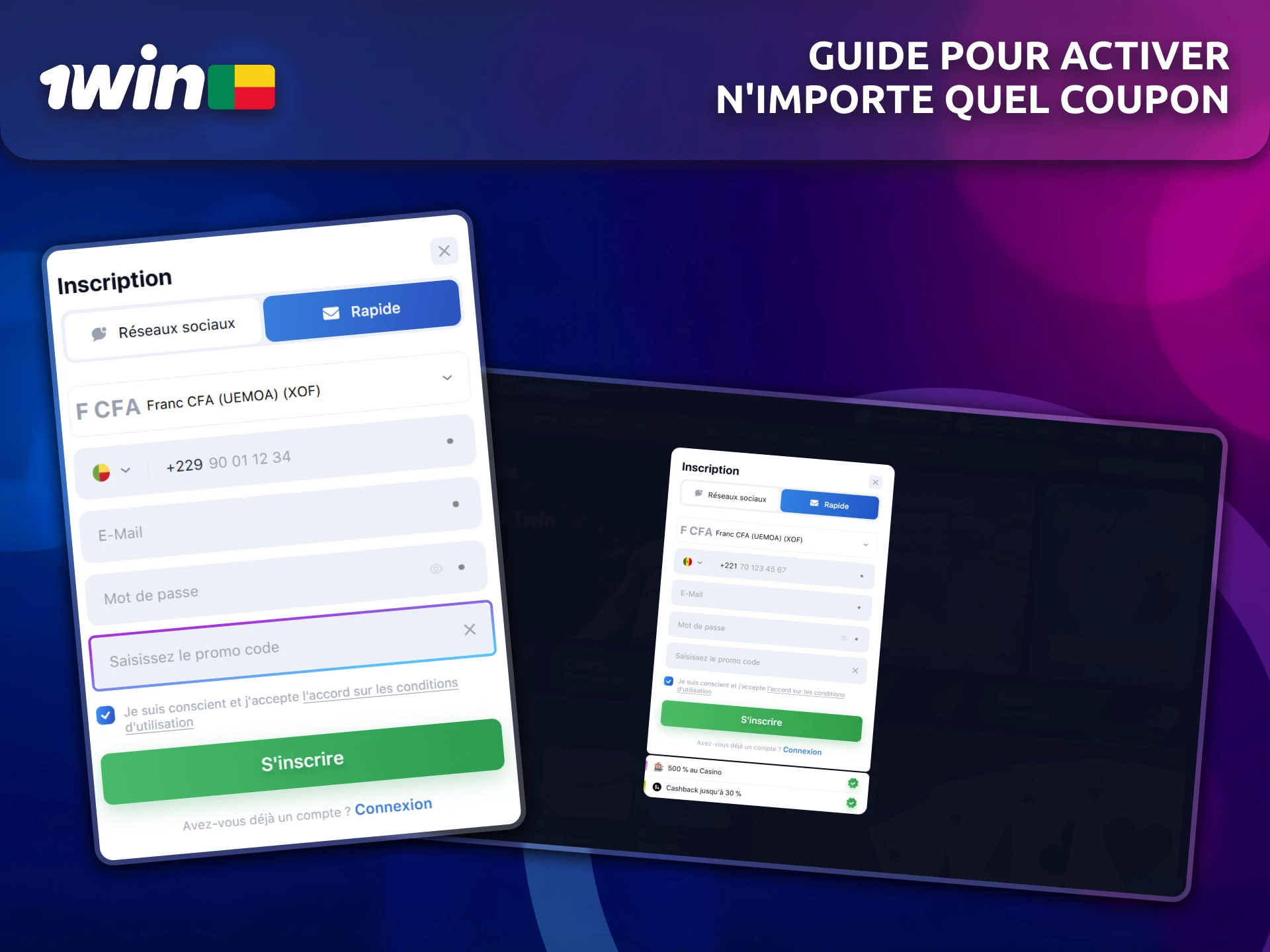 Suivez le guide pour activer facilement n'importe quel coupon 1win au Bénin.