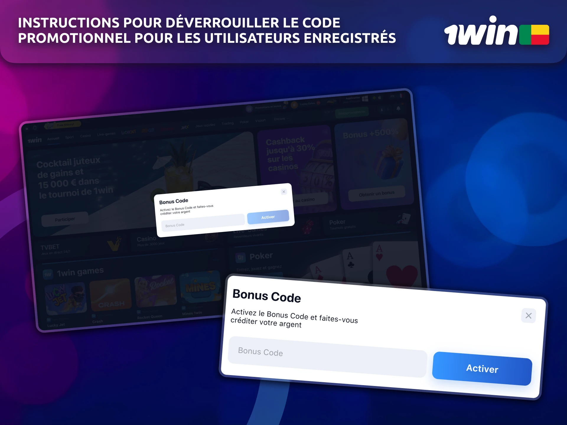 Instructions claires pour déverrouiller un code promotionnel 1win en tant qu'utilisateur enregistré.