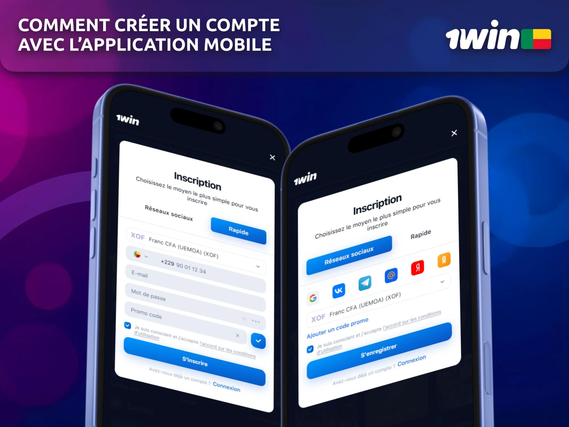 Créez un compte avec l'application mobile 1win pour les joueurs du Bénin.