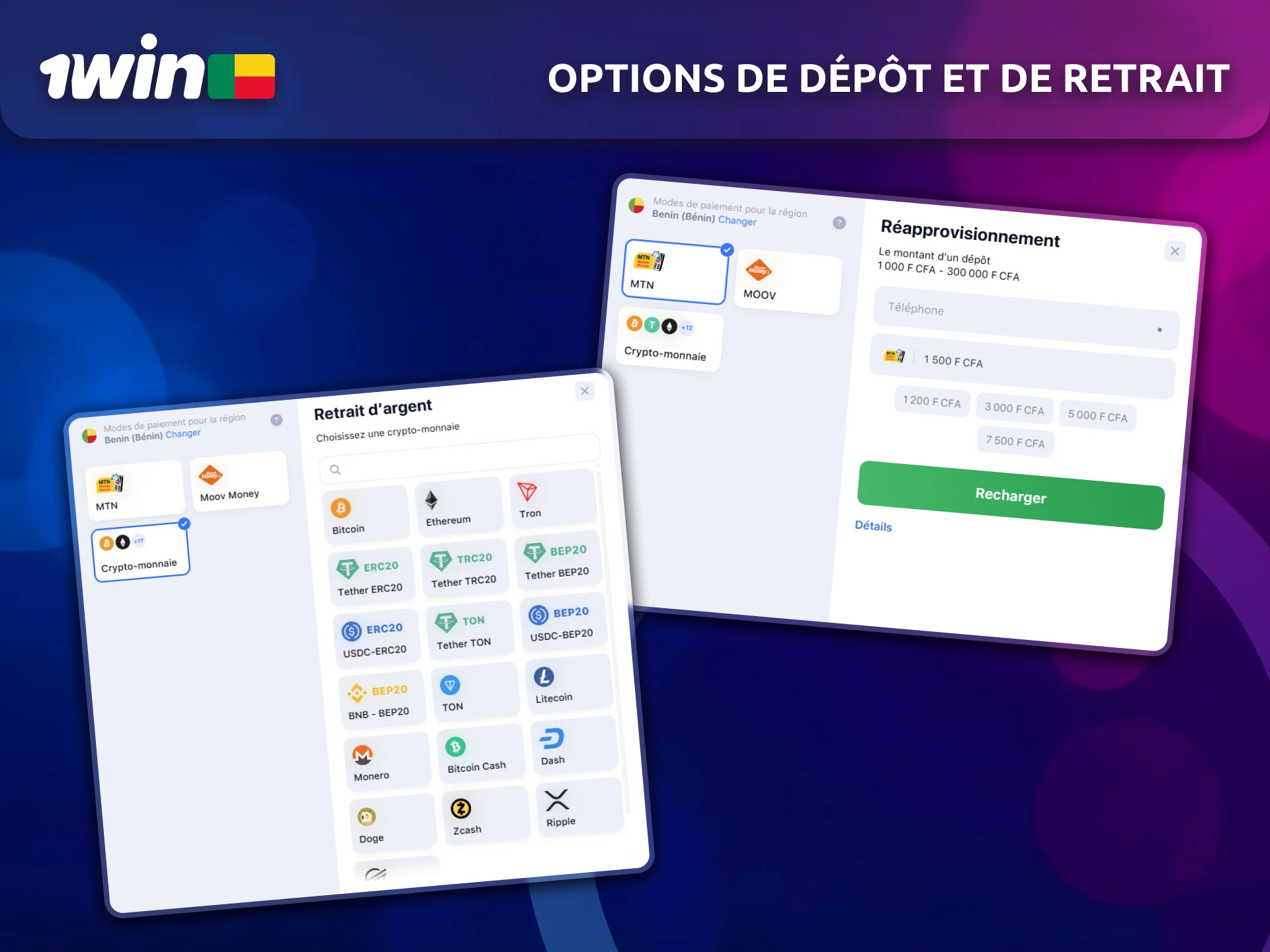 Explorez les options de dépôt et de retrait disponibles sur 1win au Bénin.