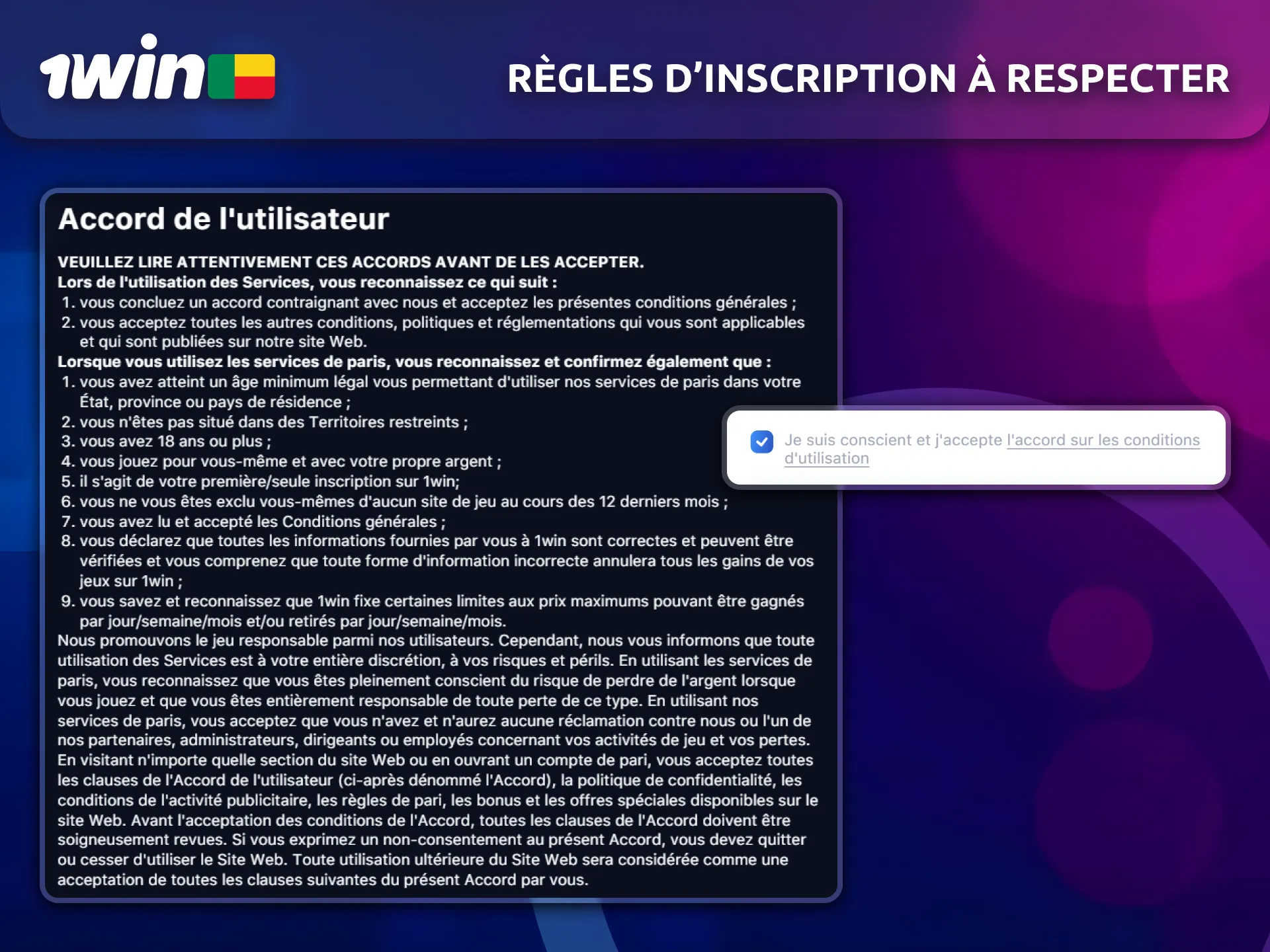 Respectez les règles d'inscription sur 1win pour une expérience fiable au Bénin.