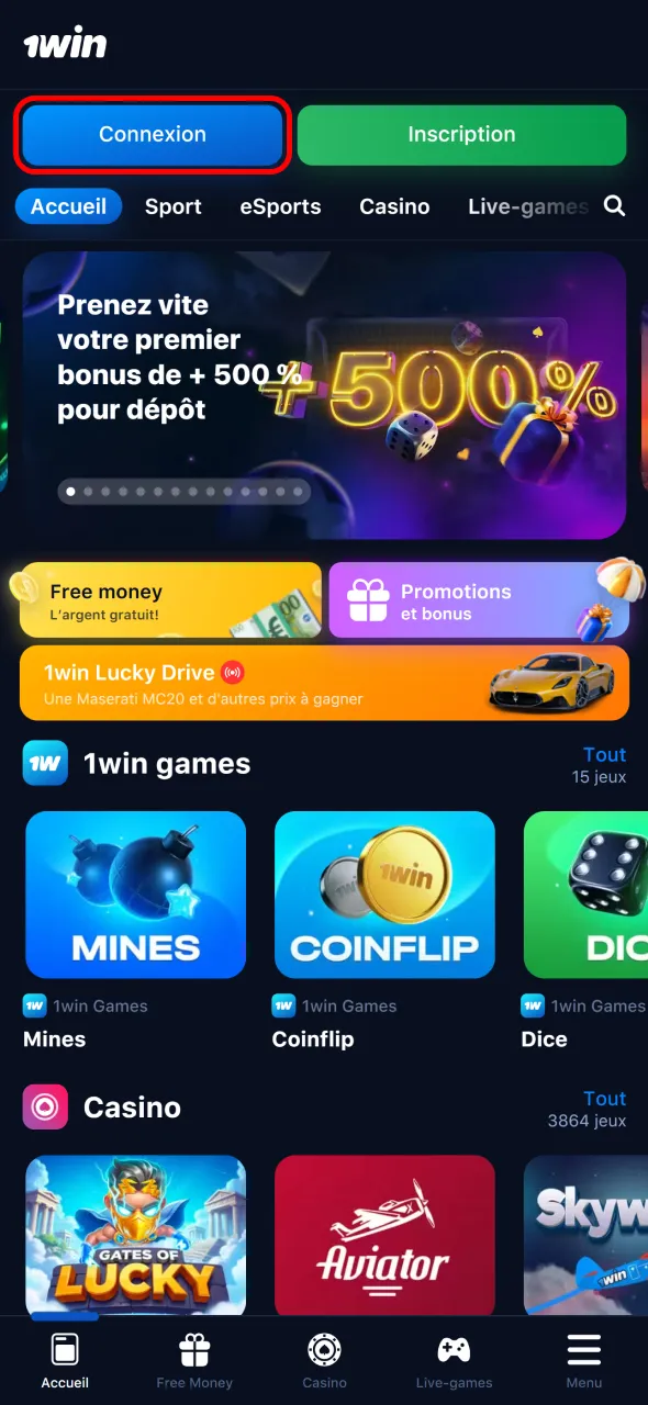 Recherchez le bouton Login pour vous connecter à 1Win Bénin.