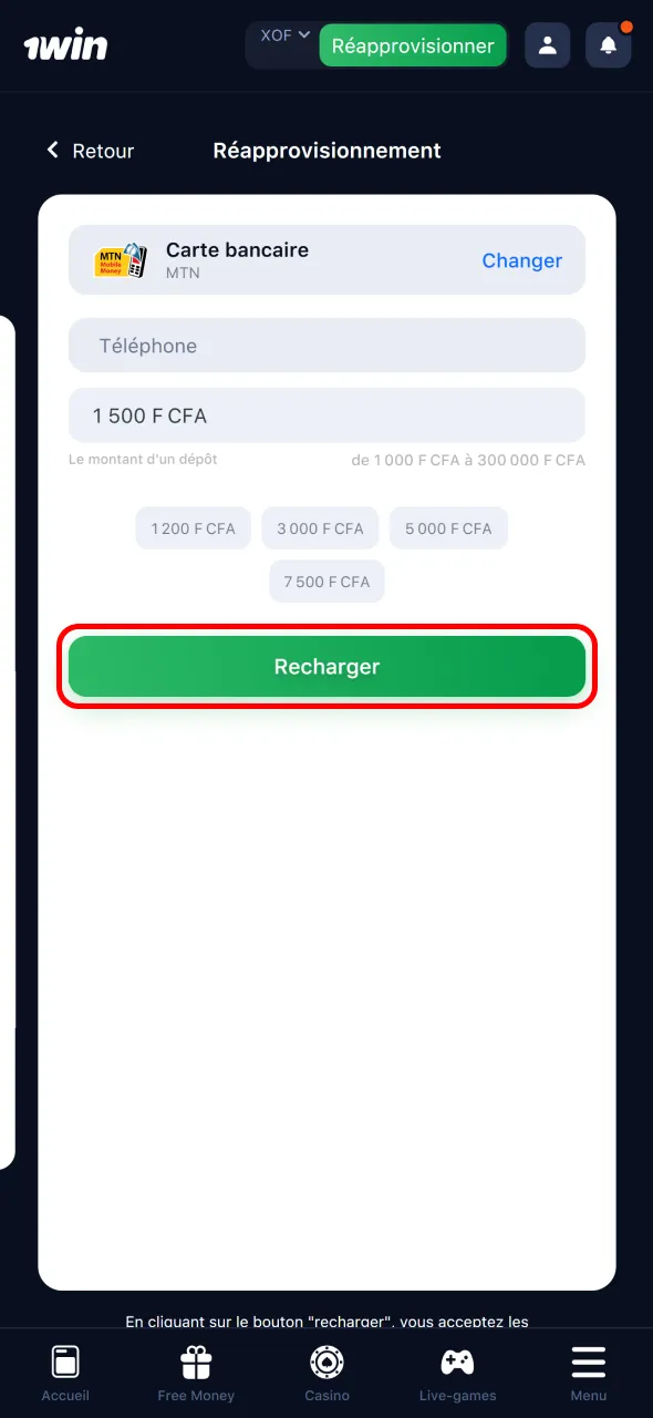 Confirmez et finalisez votre dépôt en toute sécurité sur 1Win.