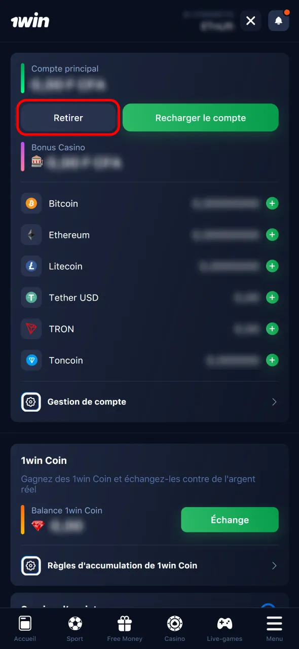 Accédez à la section Retrait sur 1Win pour obtenir vos gains.