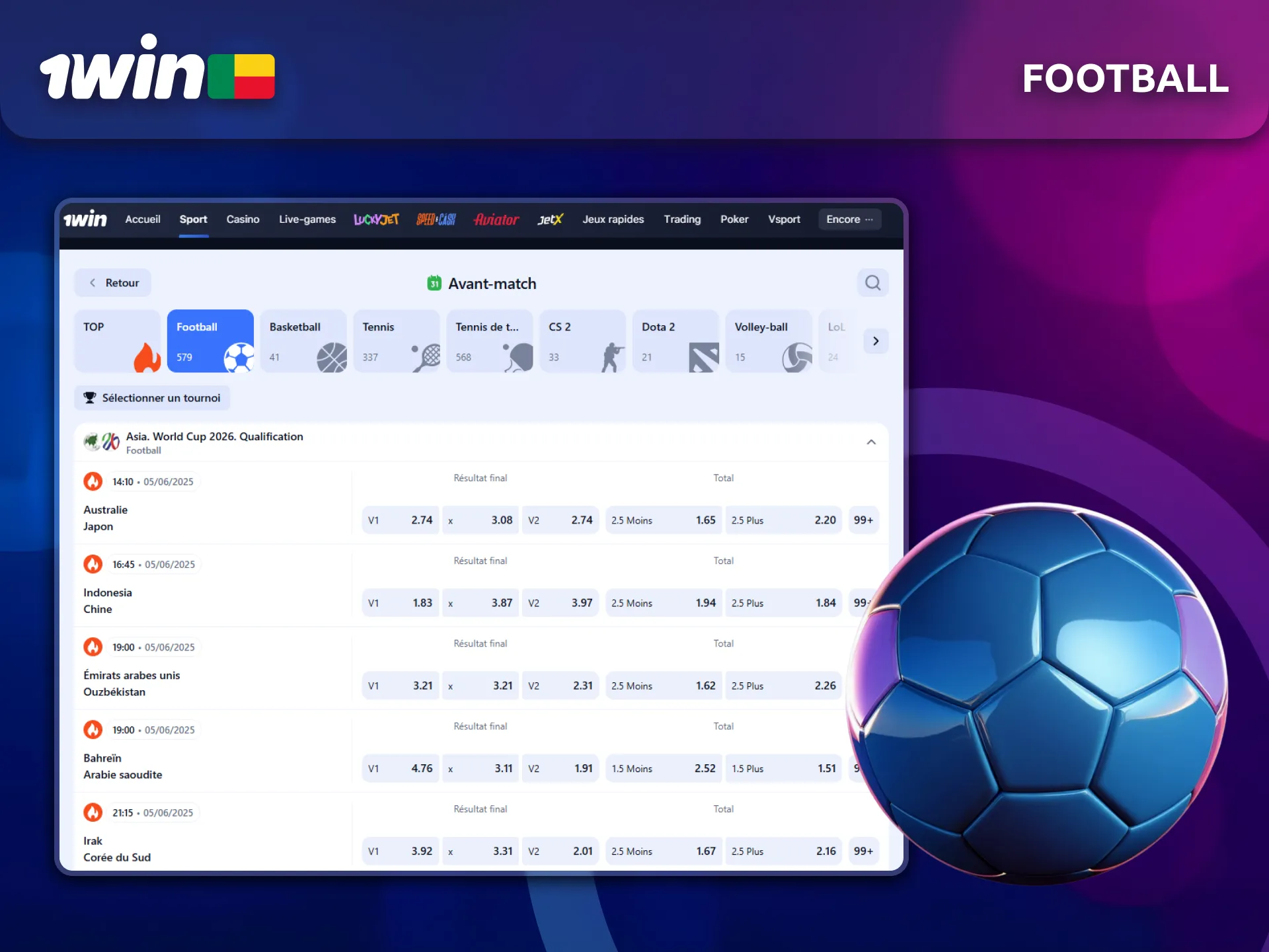 Pariez sur le football en ligne avec 1Win Bénin.