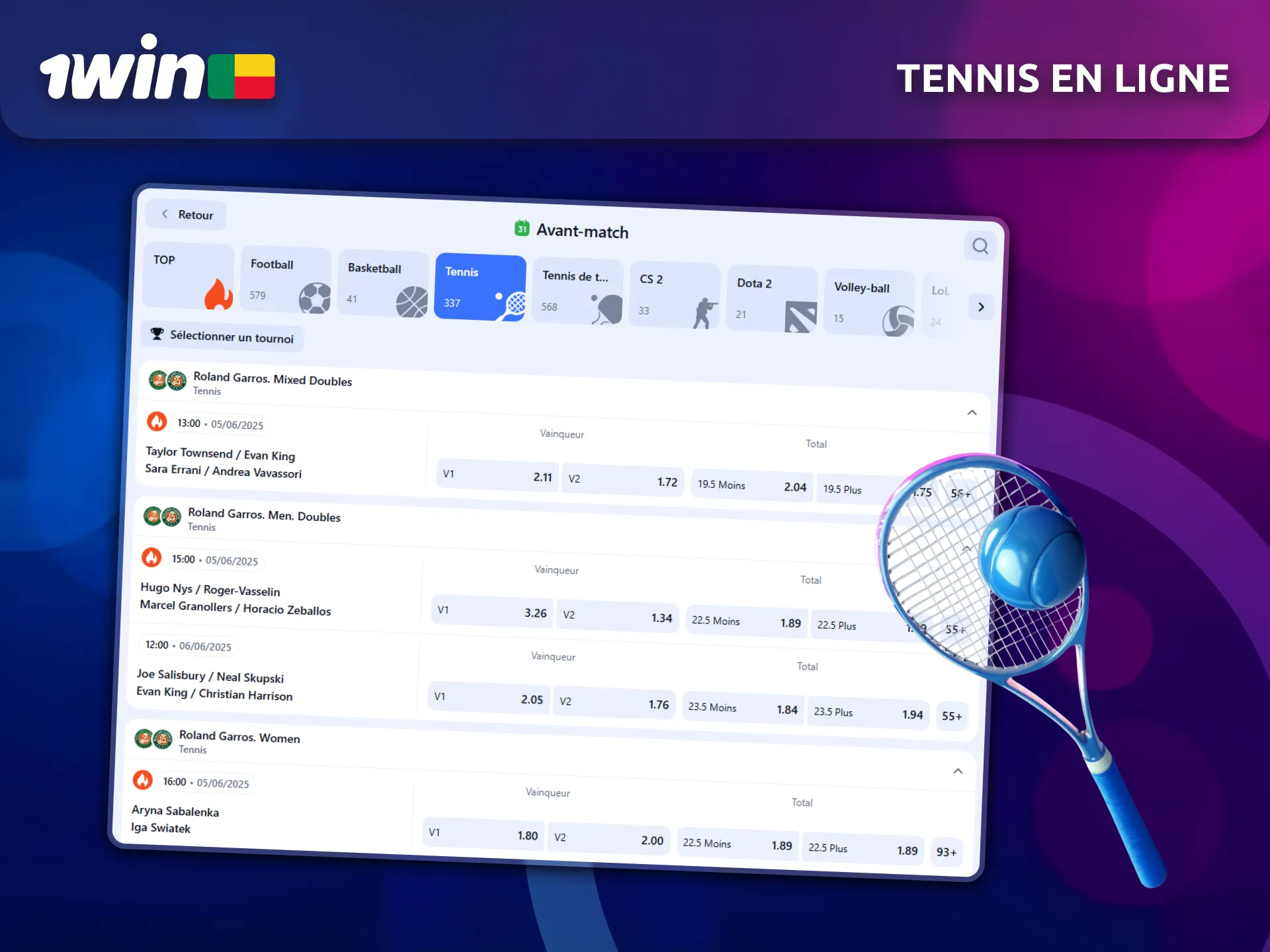 Misez sur le tennis en ligne avec 1Win pour les parieurs du Bénin.