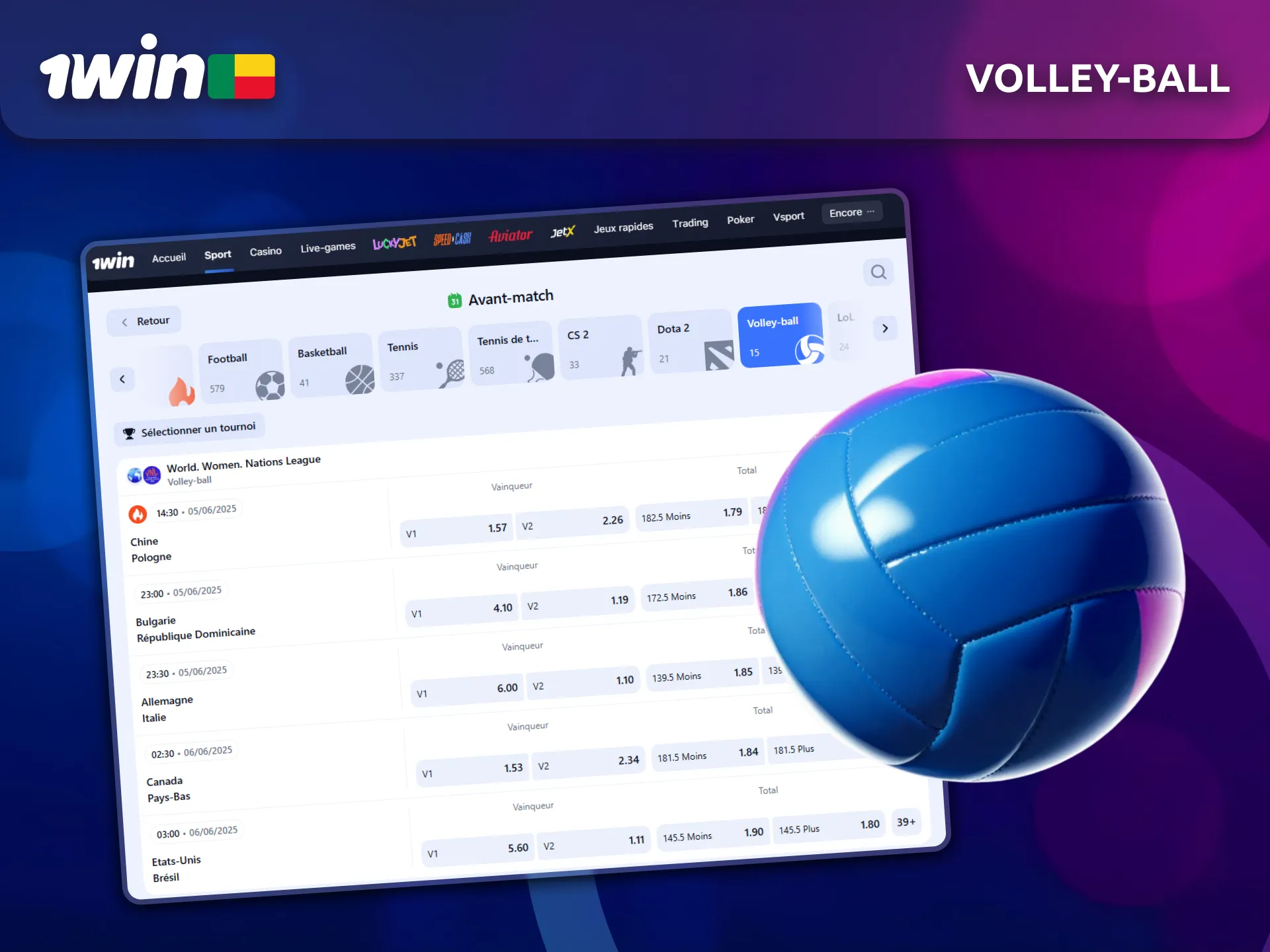 Essayez le volley-ball et misez avec 1Win Bénin.