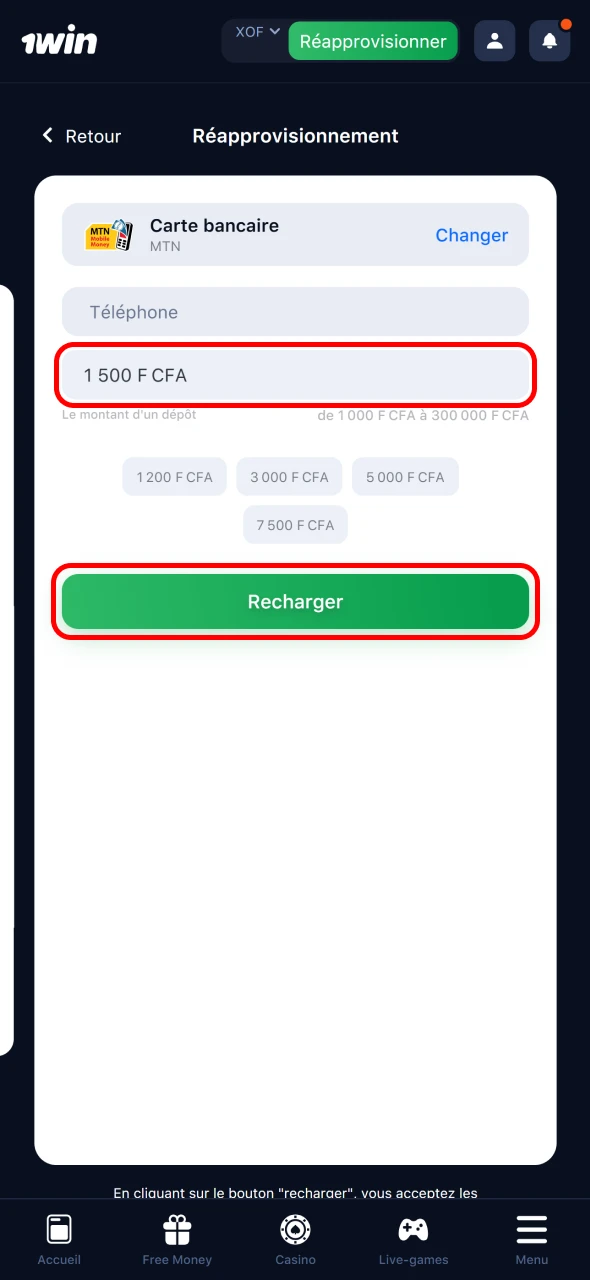 Entrez le montant et confirmez le paiement sur 1win.