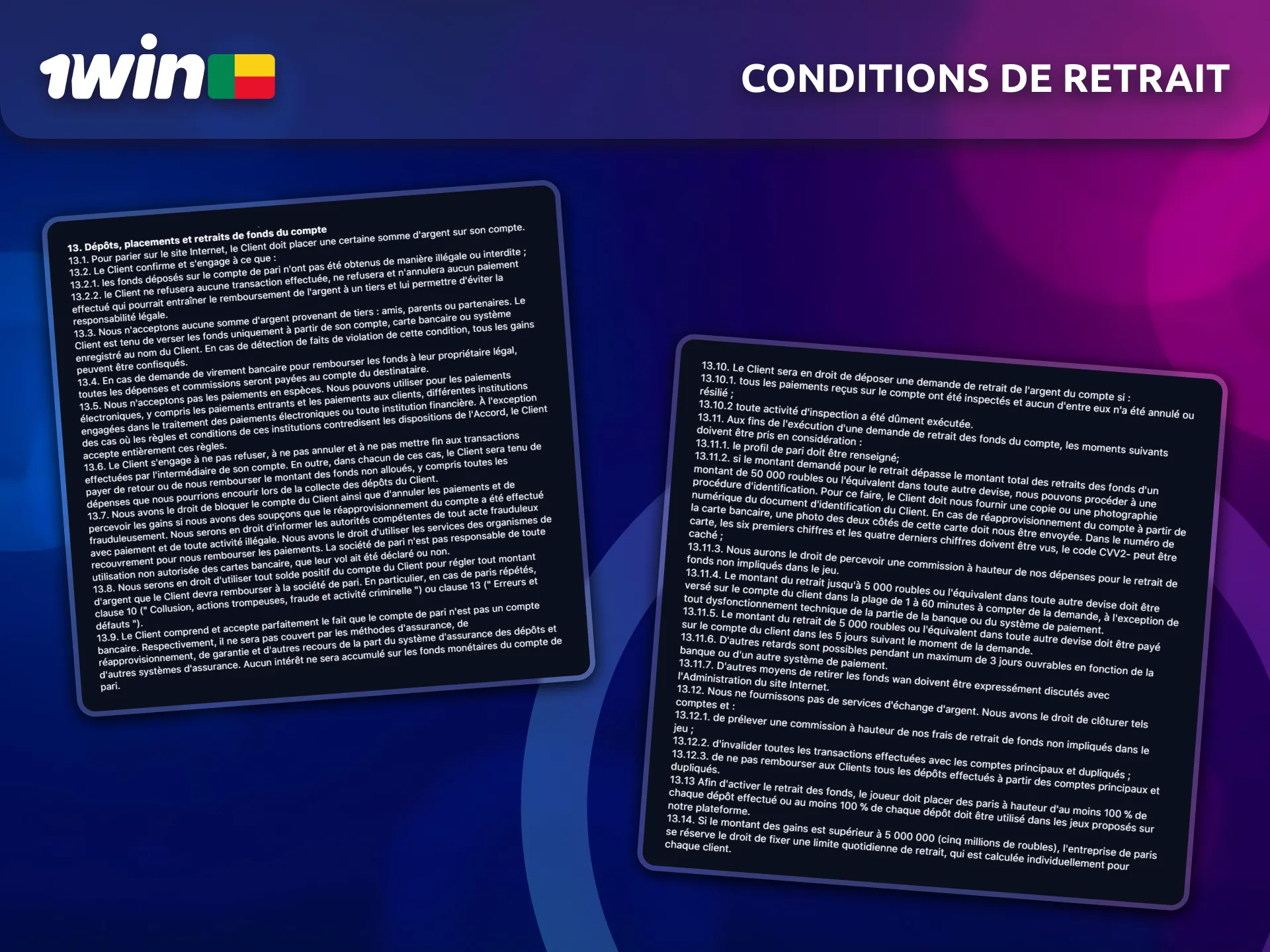 Lisez les conditions de retrait 1win pour les joueurs béninois.