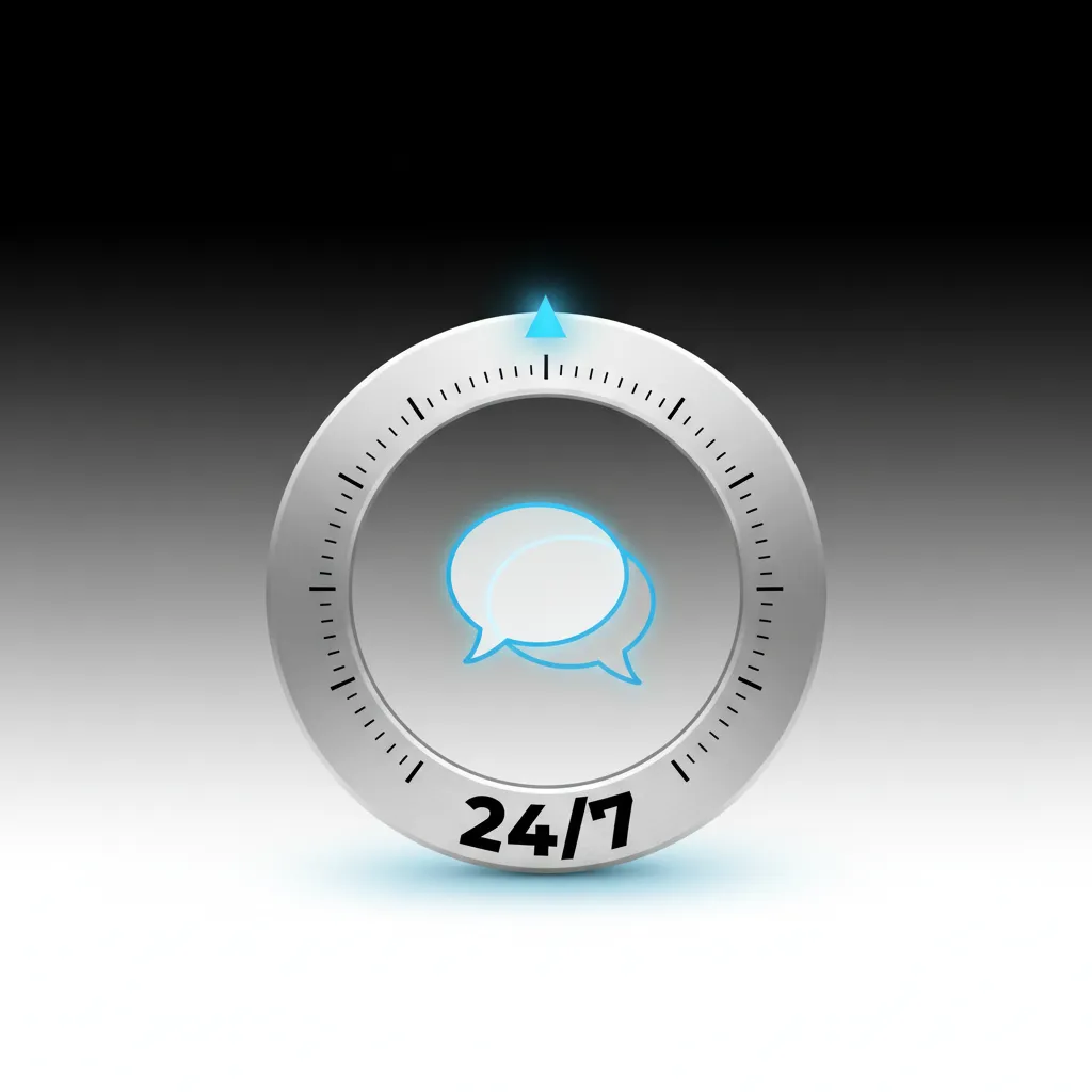 Fenêtre de chat en direct 24/7 sur site web et app mobile, icône en bas à droite, réponse en 1–3 minutes.