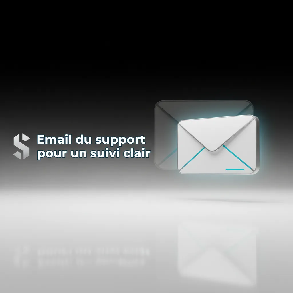 Infographie: email du support pour un suivi clair; via site/app, objet précis, pièces jointes, KYC/paiements, réponse 2–8 h.