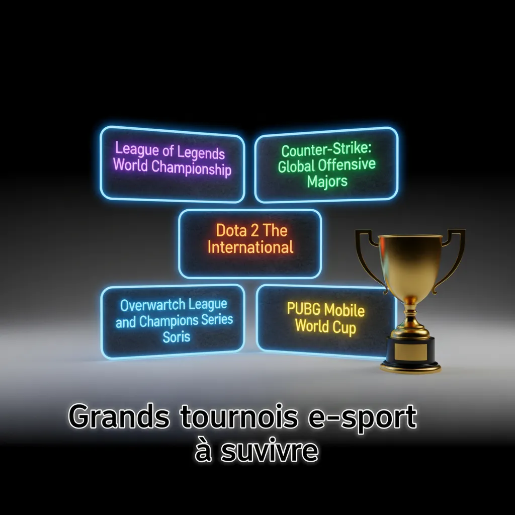 Tableau des grands tournois e-sport à suivre: Dota 2, CS2, LoL, Valorant, SC2, Mobile Legends, R6 et circuits majeurs.