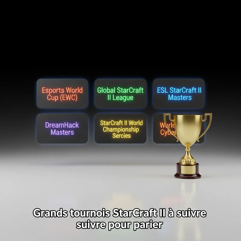 Affiche des grands tournois StarCraft II (EWC, GSL, ESL, IEM, TSL, WTL) avec icônes de paris: groupes, playoffs, finales.