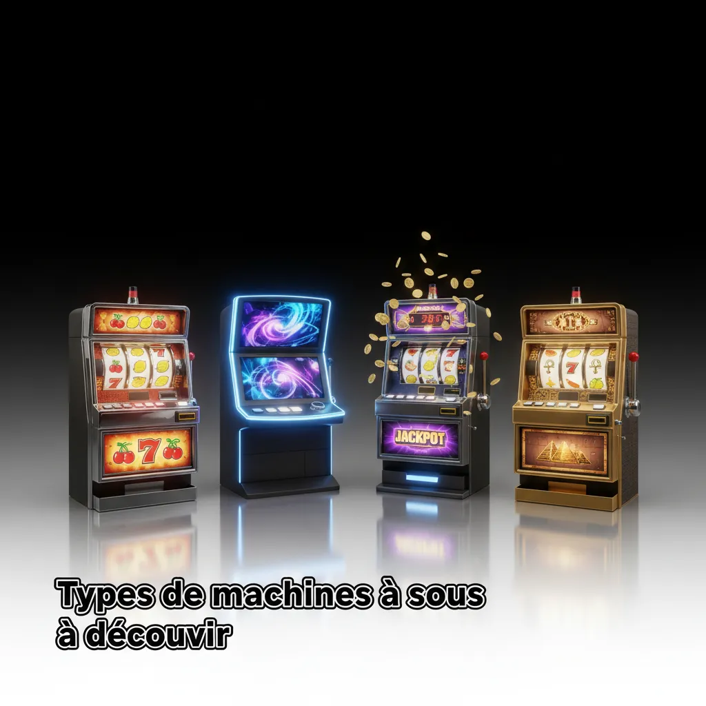 Visuel des types de machines à sous: classiques 3 rouleaux, vidéo 5x3, Megaways, Hold & Win, jackpots progressifs.