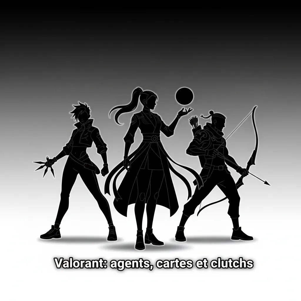 Affiche e-sport Valorant avec agents, cartes et clutchs; logos VCT, Masters, Champions; focus paris maps, rounds et meta.