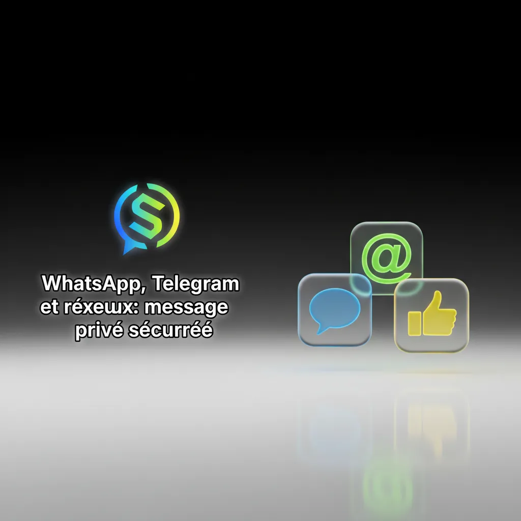 Smartphone affichant icônes WhatsApp, Telegram, Messenger et X, badge vérifié et cadenas pour message privé sécurisé.