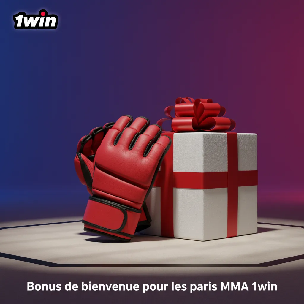 Bannière 1win: bonus de bienvenue paris MMA en FCFA, pourcentage affiché, conditions de rollover et cotes minimales.