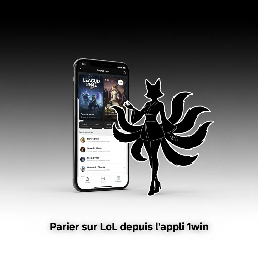 Smartphone affichant l’appli 1win: cotes League of Legends, paris live, retraits et notifications, interface esports mobile.