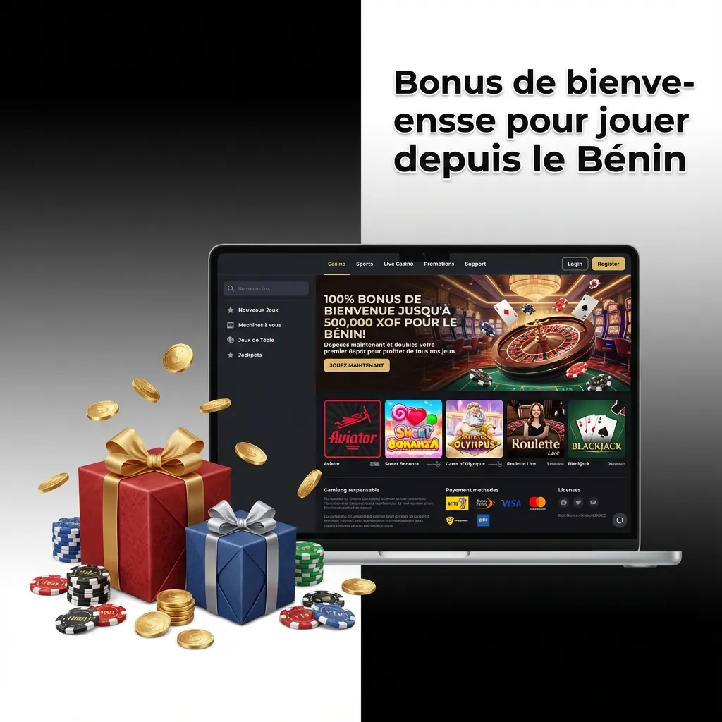 Bannière bonus de bienvenue au Bénin: jusqu’à 500% (max XOF 362 960), code promo 1Win, étapes inscription, dépôt, activation.