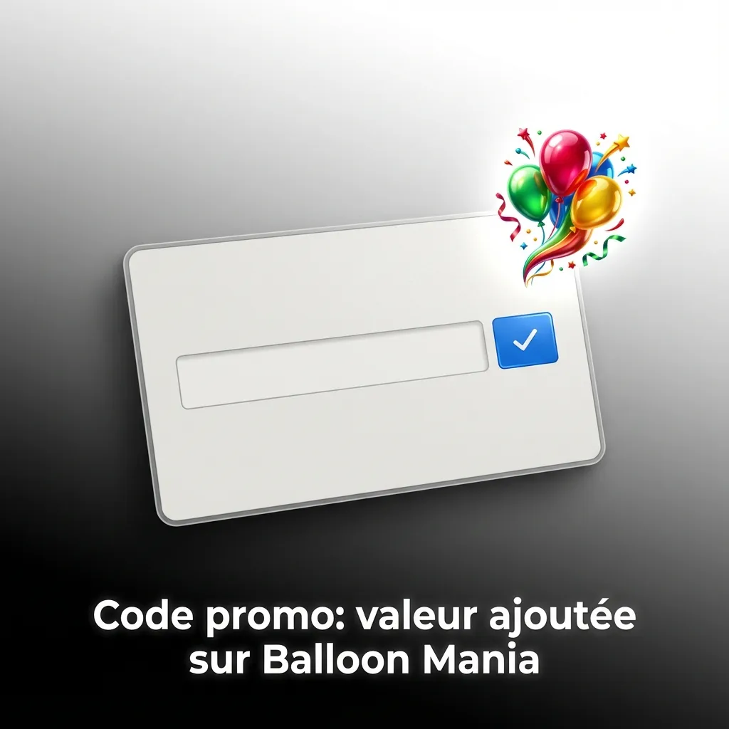 Écran Balloon Mania montrant un champ code promo; entrez 1WIN, confirmez et vérifiez l’activation dans la section Bonus.