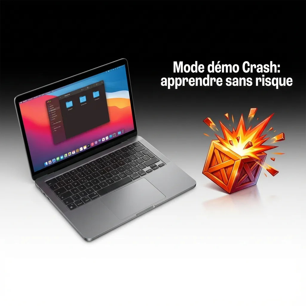 Bannière Mode démo Crash: apprenez sans risque avec crédits virtuels, mêmes règles et options auto, sans argent réel.