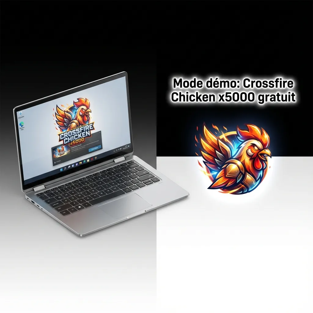 Capture d’écran du mode démo de Crossfire Chicken x5000 sur 1win, avec auto cashout et stats, sans gains réels.
